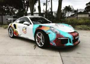 Aboriginal Artwork on Porsche full wrap fro bullrush rally