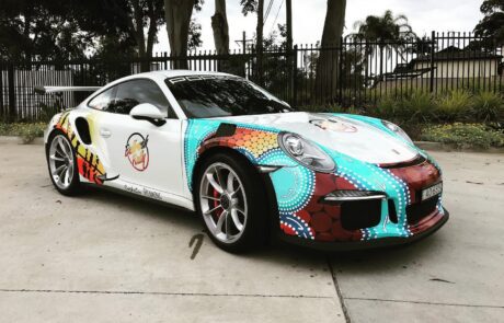 Aboriginal Artwork on Porsche full wrap fro bullrush rally