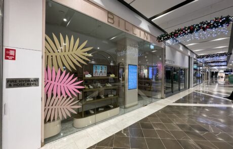 Decorative window vinyl branding for Billini retail store.