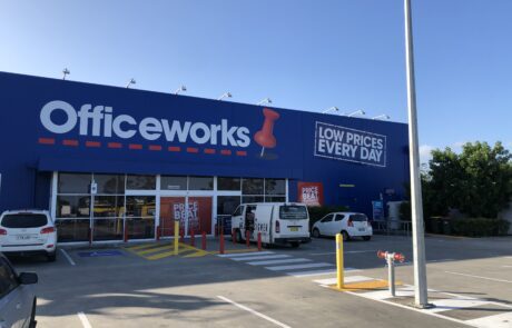 Officeworks storefront with large blue signage and brand slogan