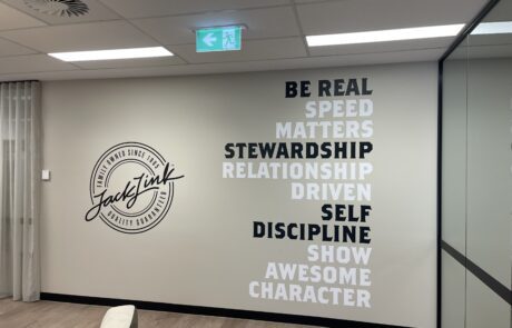 Jack Link's motivational office wall graphic with core values