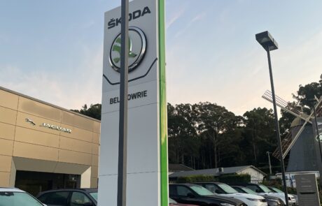 ŠKODA Bellbowrie dealership pylon sign with illuminated branding.